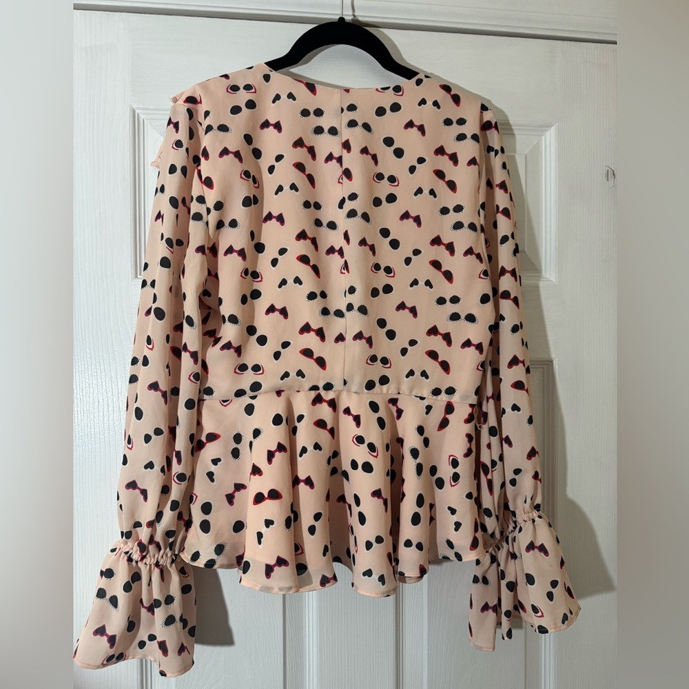bebe Pink Ruffle V-neck wrap around blouse with sunnies print. NWT. Medium - Picture 3 of 6